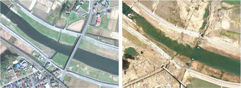 Bridge failure due to the 2011 Tohoku Tsunami: Koizumi Bridge before and after.