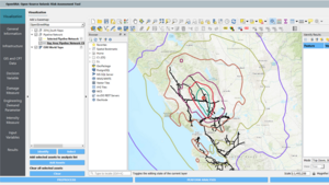 Map shows infrastructure network overlain with hazard contour loops in different colors